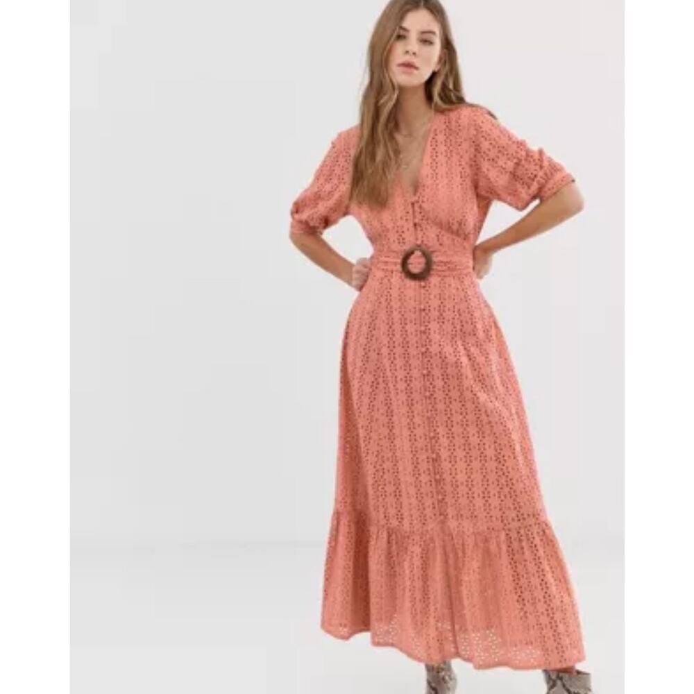ASOS Eyelet Short Sleeve Button Front Midi Dress Size 4